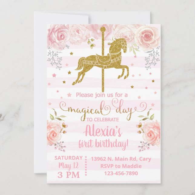 Convites Invitación Gold carousel horse birthday invitation (Frente)