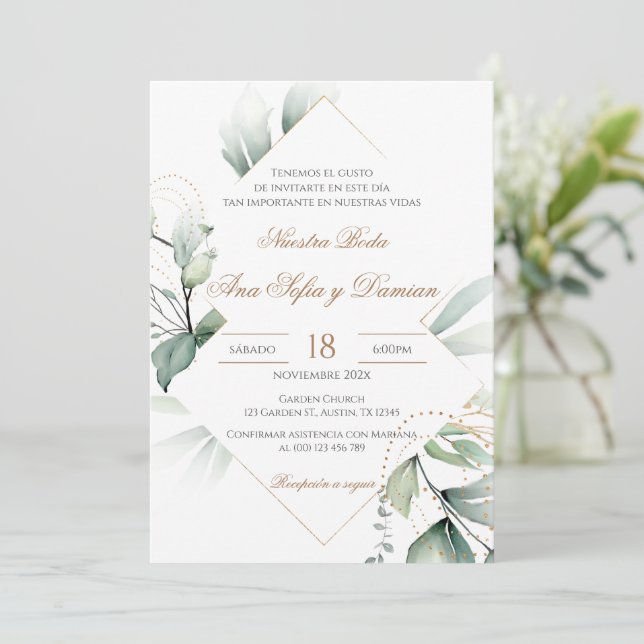 Convites Invitación Greenery Spanish Wedding Invitation (Em pé/Frente)