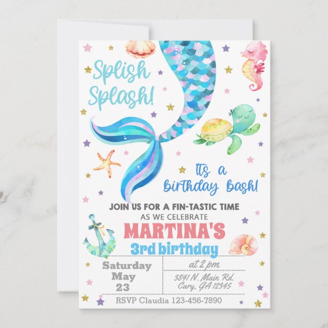 Convites Invitación Mermaid birthday invitation, sea turtle (Frente)