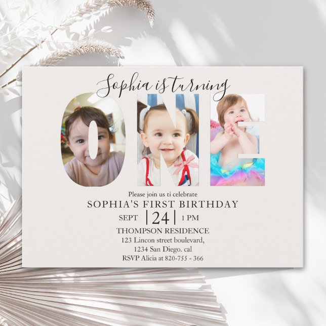 Convites Invitación Minimalist "ONE" First Birthday Photo G (Criador carregado)