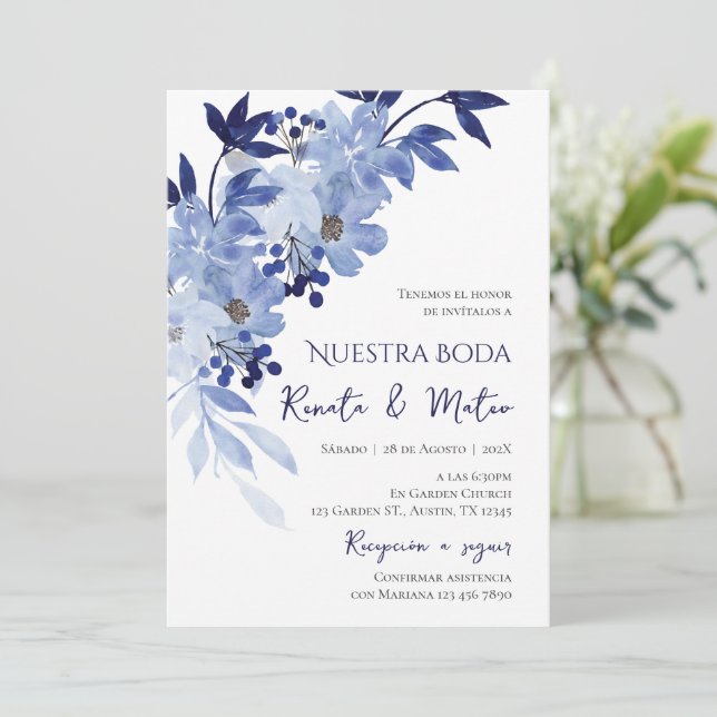 Convites Invitación Navy Blue Spanish Wedding Invitation (Em pé/Frente)
