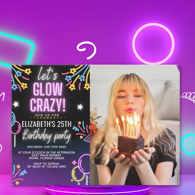 Convites Invitación Neon Glow - Birthday Party with Photo (Criador carregado)