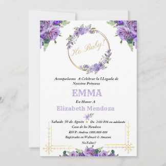 Convites invitacion para Baby Shower con Flores purpura