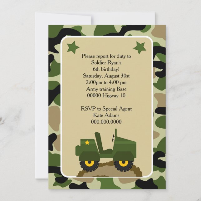 Convites Invitacion para fiesta militar Soldado camuflage (Frente)