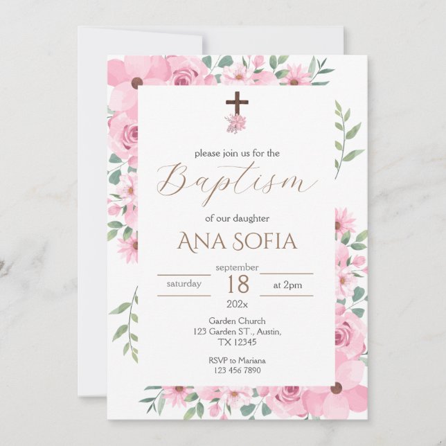 Convites Invitación Pink Baptism Invitation (Frente)