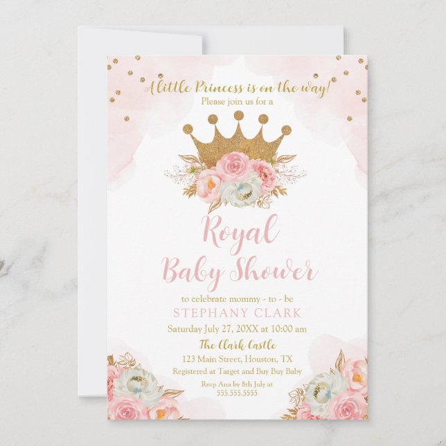 Convites Invitación Princess Floral Pink & Gold Baby Shower (Frente)