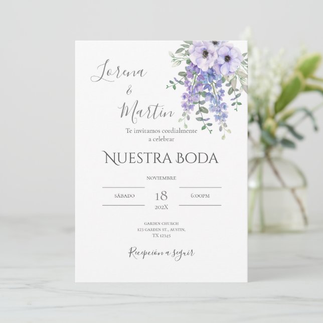 Convites Invitación Purple Floral wedding invitation in (Em pé/Frente)
