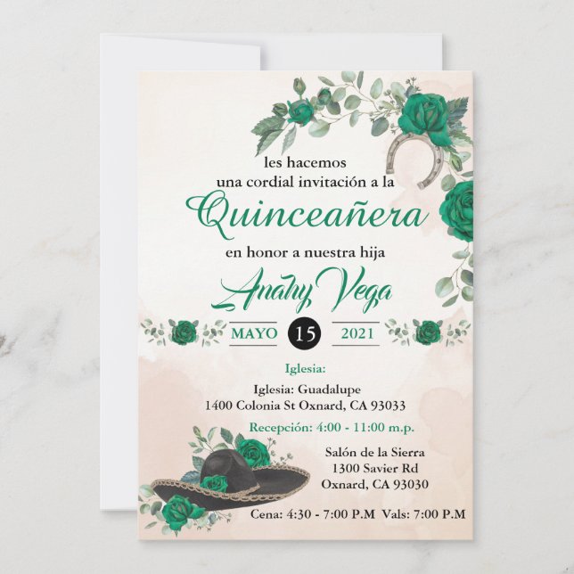 Convites Invitación Quinceañera Charra Emerald verde (Frente)