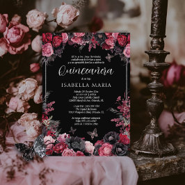 Convites Invitación Quinceañera floral gótica rosada, roja