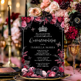 Convites Invitación Quinceañera floral gótica rosada, roja