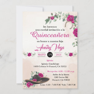 Convites Invitación QUINCEANERA Mariachi Charra Blush Rosa