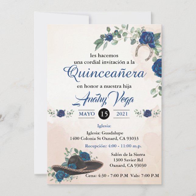 Convites Invitación QUINCEANERA Mariachi Charra Russo Azul (Frente)
