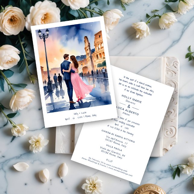 Convites Invitación Rome Coliseum Colorful Cityscape Weddin (Rome Coliseum Colorful Cityscape Wedding Couple Illustration Invitations Cards. )