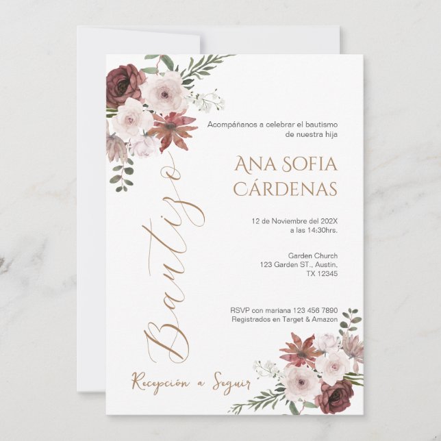 Convites Invitación Spanish Baptism Girl invitation pink (Frente)