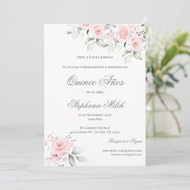 Convites Invitación Spanish Quinceanera pink floral invite (Em pé/Frente)