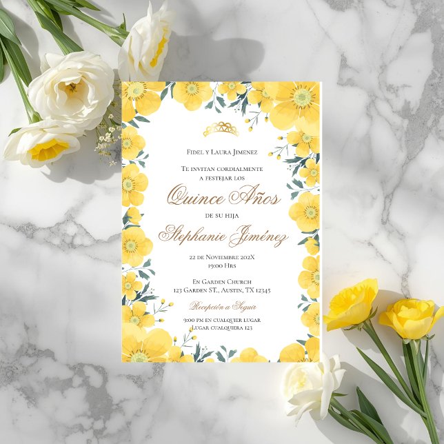 Convites Invitación Spanish Quinceanera yellow floral invit (Criador carregado)