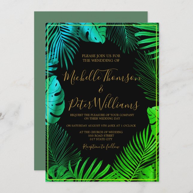Convites Invitación tropical gold watercolor wedding (Frente/Verso)