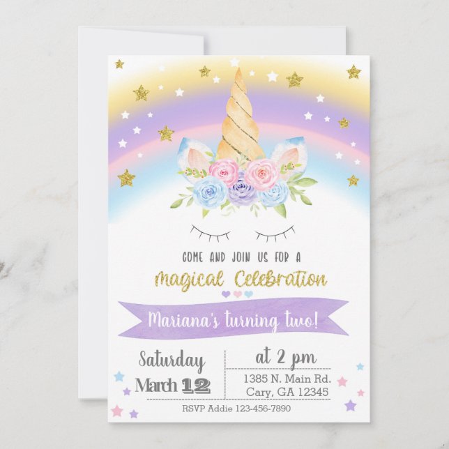Convites Invitación Unicorn birthday invitation, girl invit (Frente)