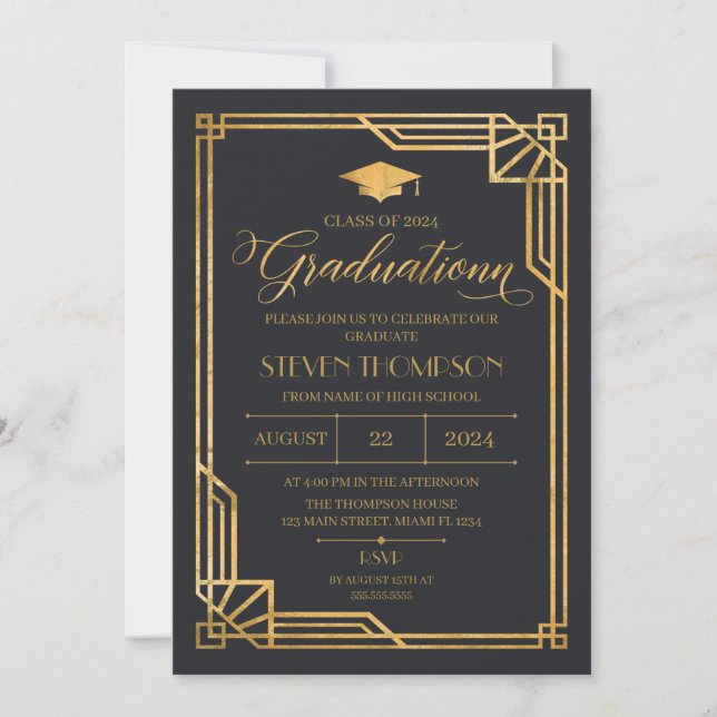 Convites Invitación Vintage Art Deco Graduation Invitation (Frente)