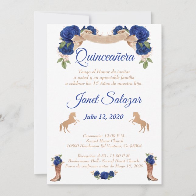 Convites Invitaciones charro Quinceañera Charra azul (Frente)