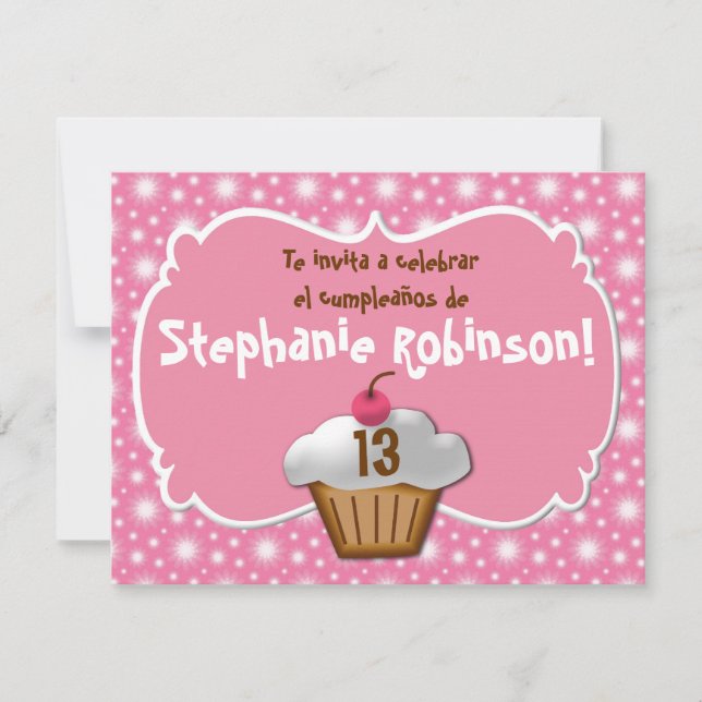 Convites Invitaciones de cumpleaños, Fiesta de Rosa cupcake (Frente)
