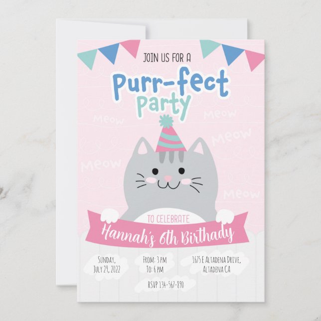 Convites Invitaciones fiesta de cumpleaños cute kitty (Frente)