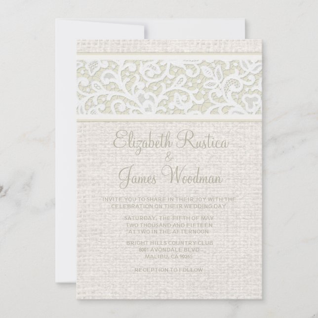 Convites Invitações de Casamento de Ivory Rustic Burlap & L (Frente)