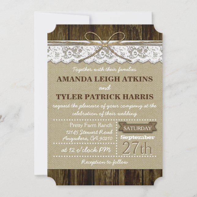 Convites Invitações de Casamento Rustic Country Burlap e La (Frente)