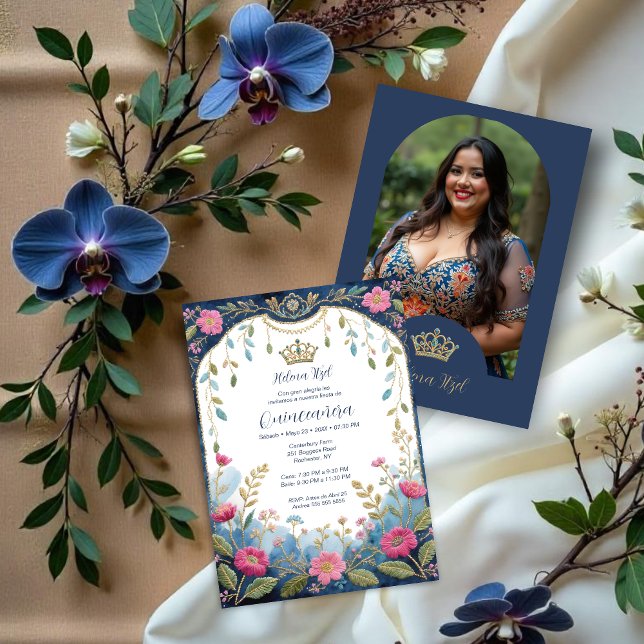 Convites Invitation (Blue Spanish Mexican Inspired Floral Border Embroidery Style Quinceañera Invitation Cards.)