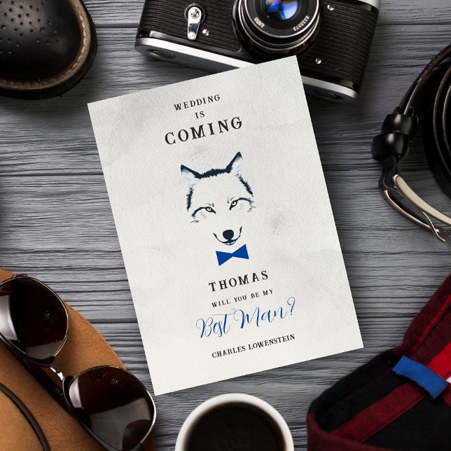Convites Invitation (Grey Shades Best Man Proposal Card with Blue Bow Tie Featuring Wedding Wolf Design. )