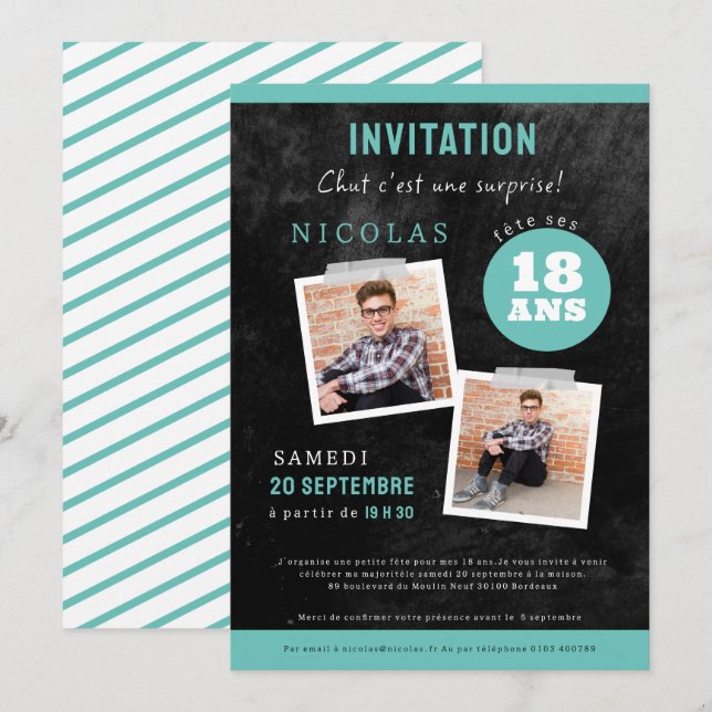 Convites  invitation 18ème anniversaire,noir deux photos (Frente/Verso)