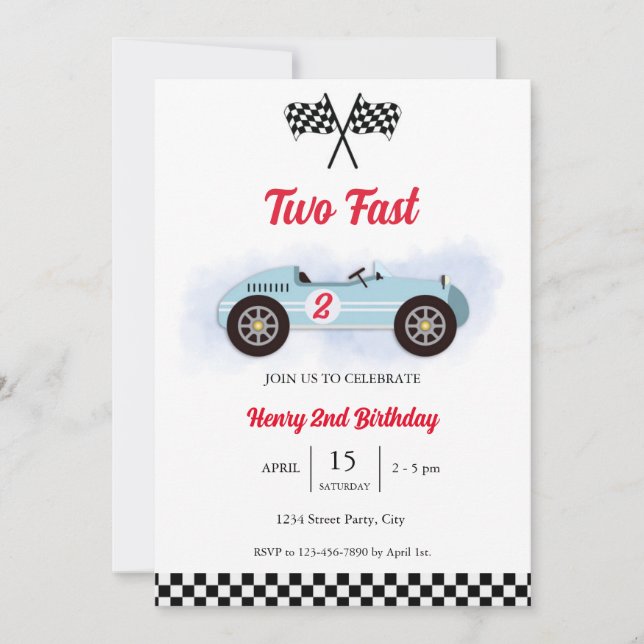 Convites Invitation 2nd Birthday Too Fast, Vintage Race (Frente)