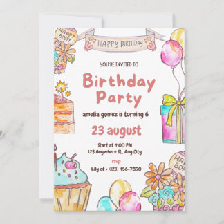 Convites Invitation 6th BirthdayPink Watercolor for Girls