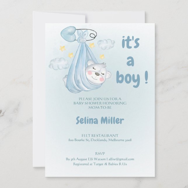 Convites  invitation baby shower boy blue , (Frente)