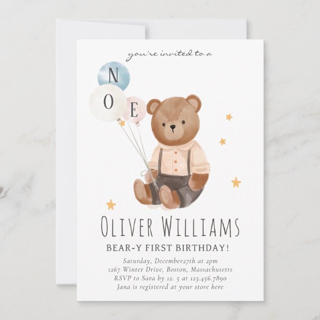 Convites Invitation bear 1st birthday blue balloon (Frente)