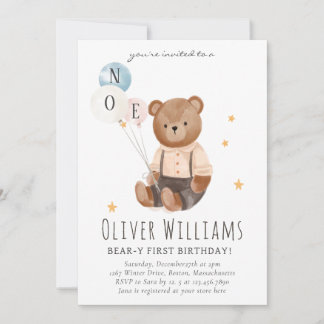Convites Invitation bear 1st birthday blue balloon