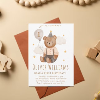 Convites Invitation bear 1st birthday blue balloon