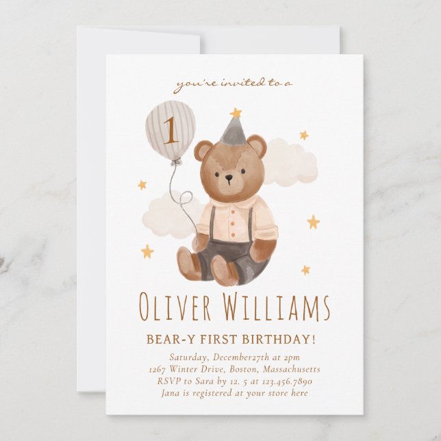 Convites Invitation bear 1st birthday blue balloon (Frente)