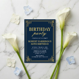 Convites Invitation Birthday Party Navy Gold Art Deco 80th