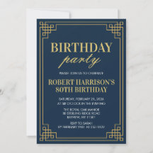 Invitation Birthday Party Navy Gold Art Deco 80th