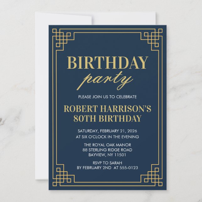 Convites Invitation Birthday Party Navy Gold Art Deco 80th (Frente)