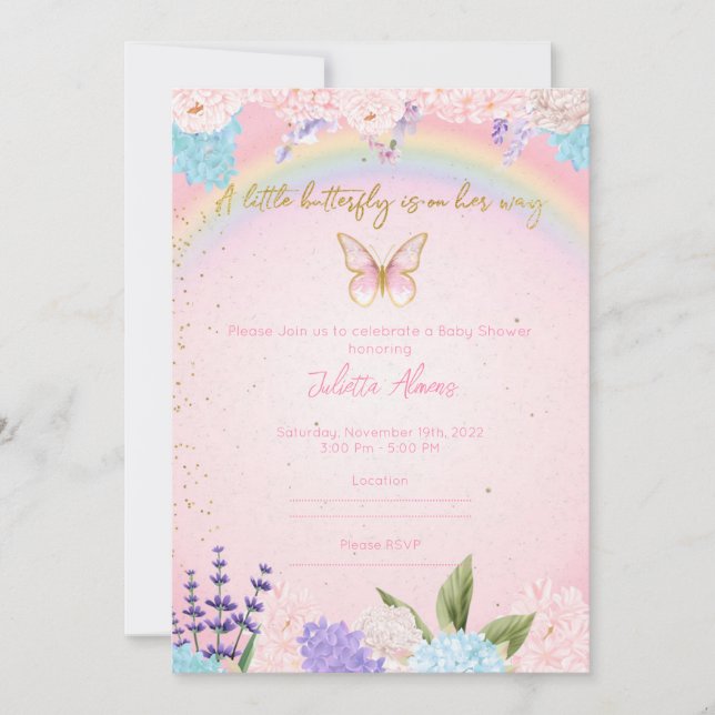 Convites Invitation Butterflies Rainbow Flowers pink gold (Frente)
