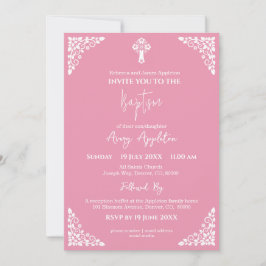 Convites Invitation Floral Cross Baptism Rose Pink