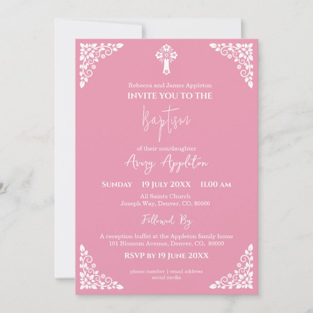 Convites Invitation Floral Cross Baptism Rose Pink (Frente)