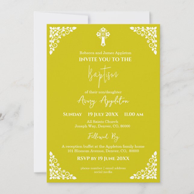 Convites Invitation Floral Cross Baptism Yellow (Frente)