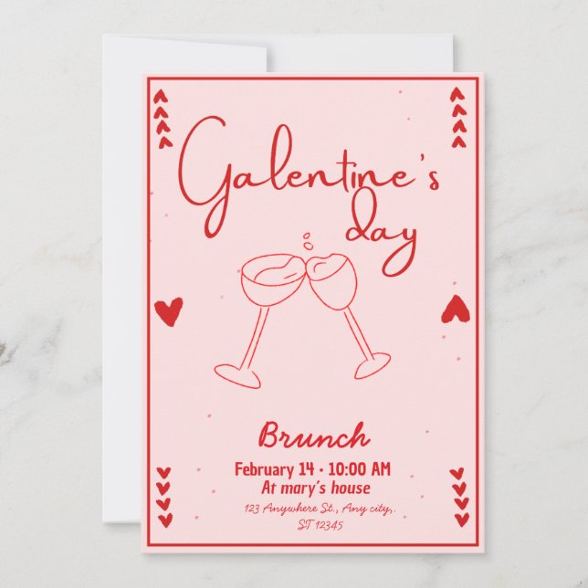 Convites Invitation galentines day brunch red and pink (Frente)