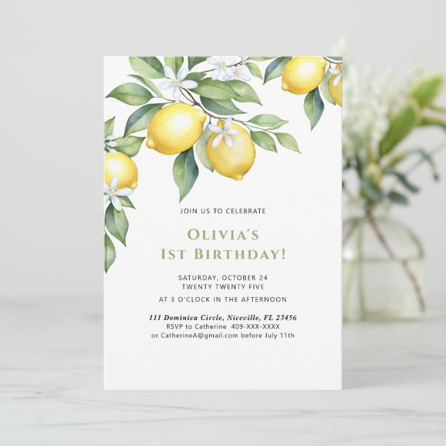 Convites Invitation Lemon citrus 1st birthday. (Em pé/Frente)