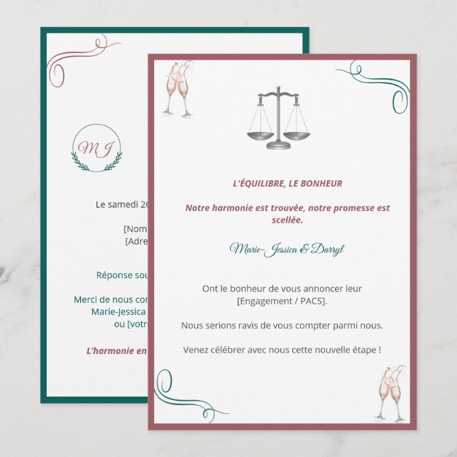 Convites Invitation PACS ou Fiançailles Chic (Frente/Verso)