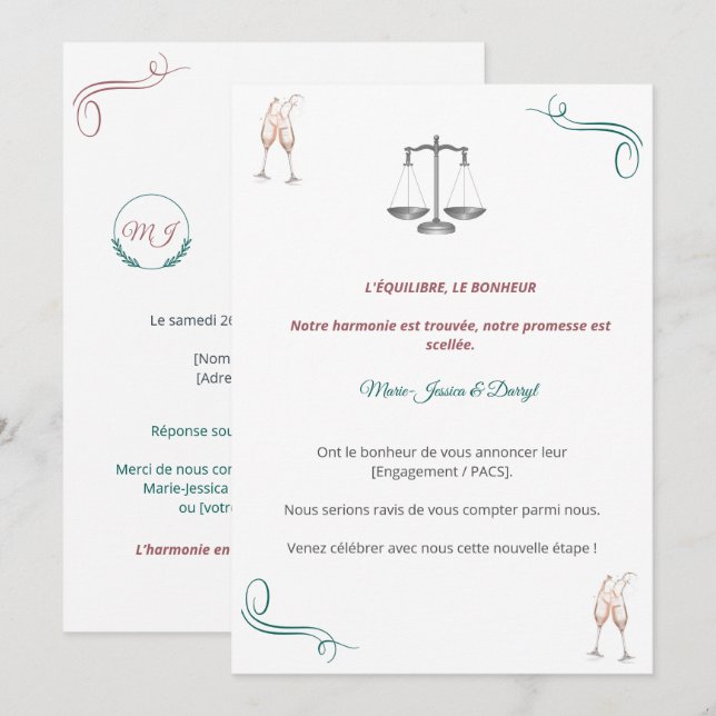 Convites Invitation PACS ou Fiançailles Chic (Frente/Verso)