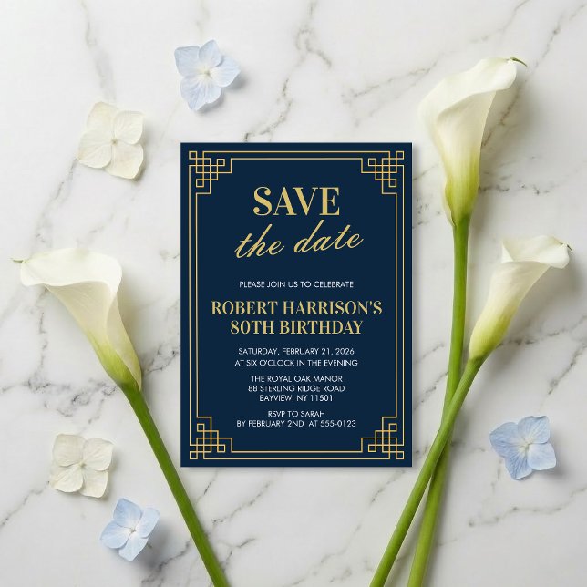 Convites Invitation Save the Date Navy Gold 80th Birthday  (SEE FULL SUITE AT BOTTOM)